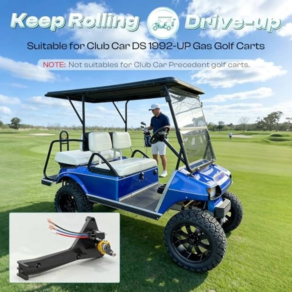 Forward and reverse shifter kit installed on a blue gas golf cart, with inset part view