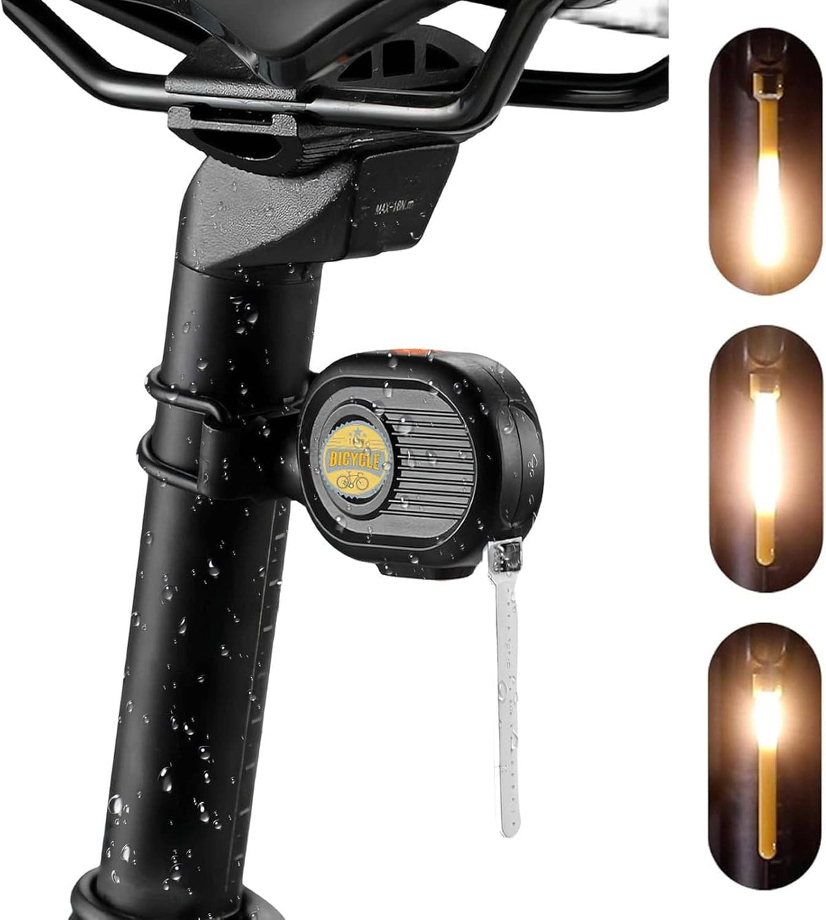 Black LED bike tail light on seatpost with amber light bar and strap mounting