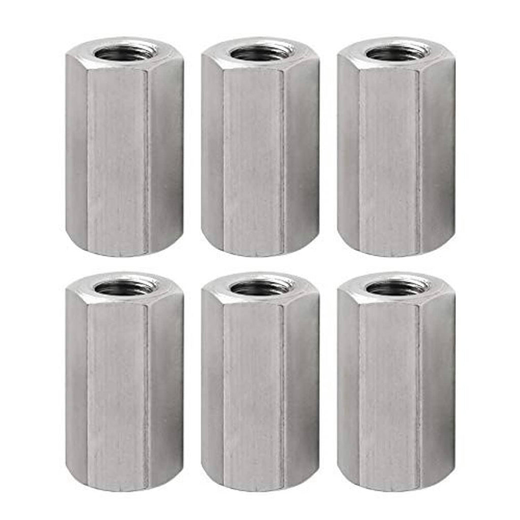 Pack of 8 cylindrical hex coupling nuts with internal threading, silver finish