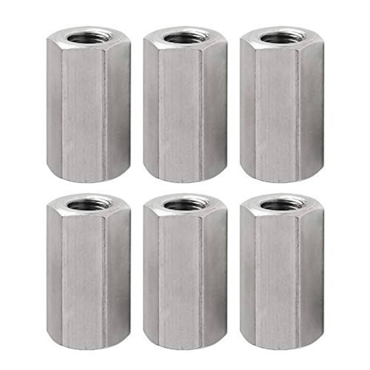 Pack of 8 cylindrical hex coupling nuts with internal threading, silver finish