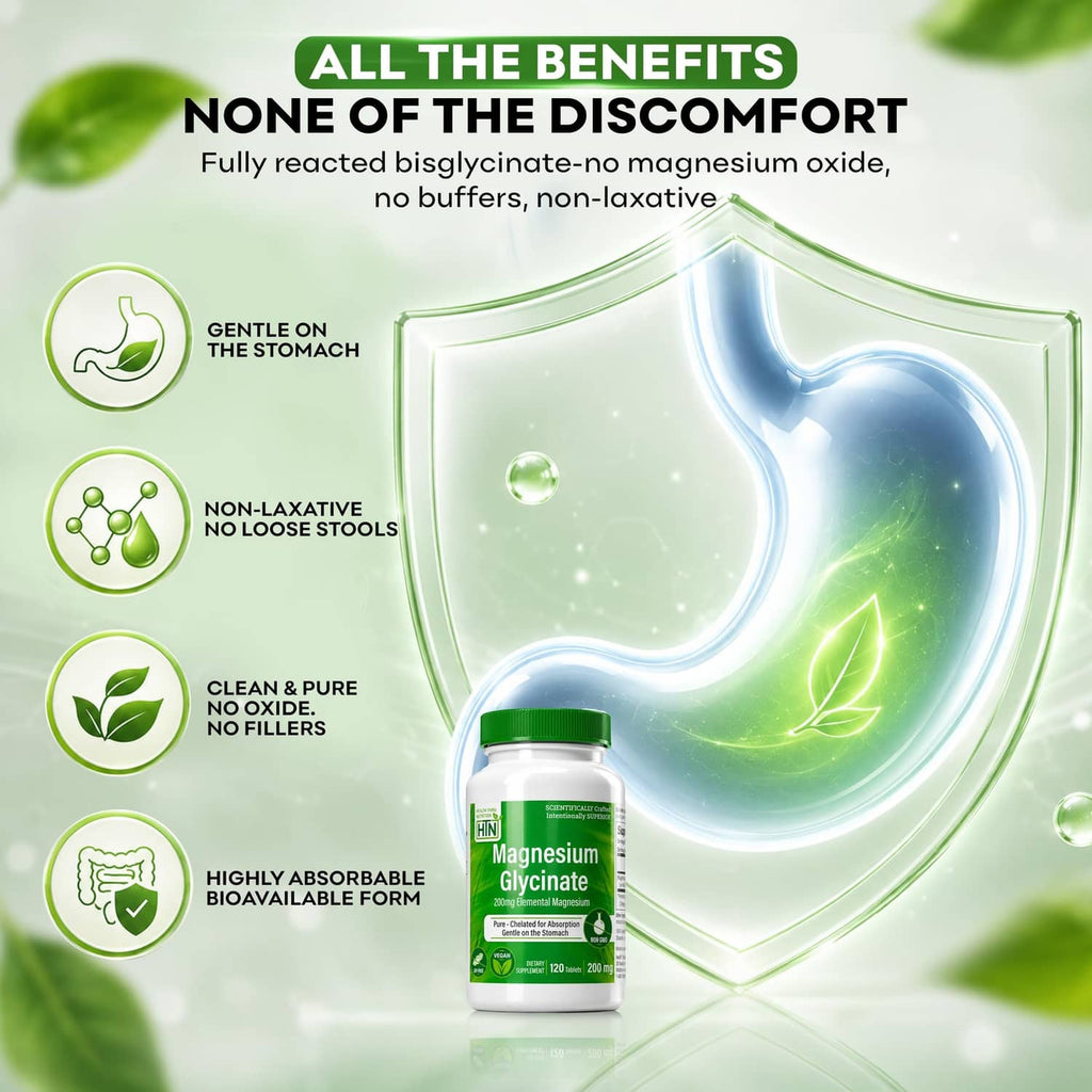 Magnesium glycinate supplement bottle with green cap and stomach-comfort benefit icons