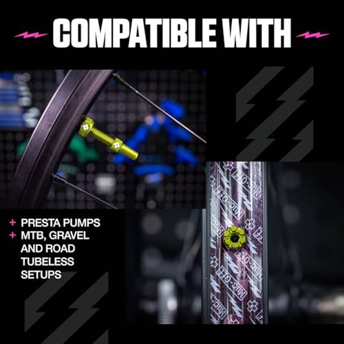 Tubeless Presta valve compatibility setup, shown with a green valve and road tire