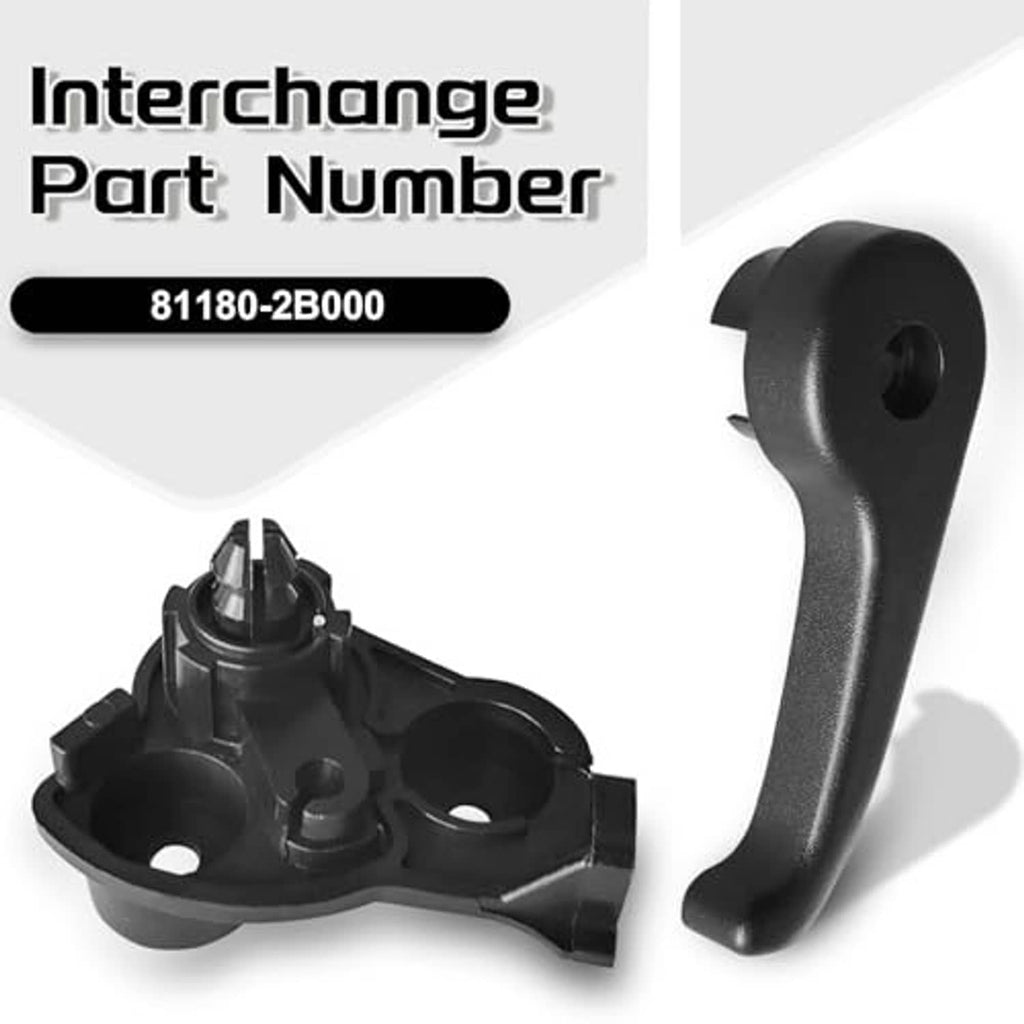 Hood latch release handle and base assembly, black plastic, curved grip with opening