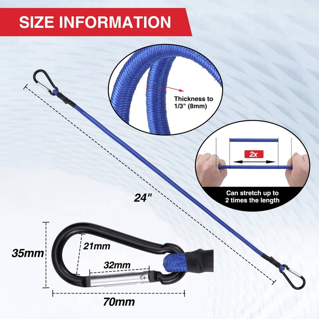 Blue 24-inch bungee cord with black end hooks; size diagram with length 24"