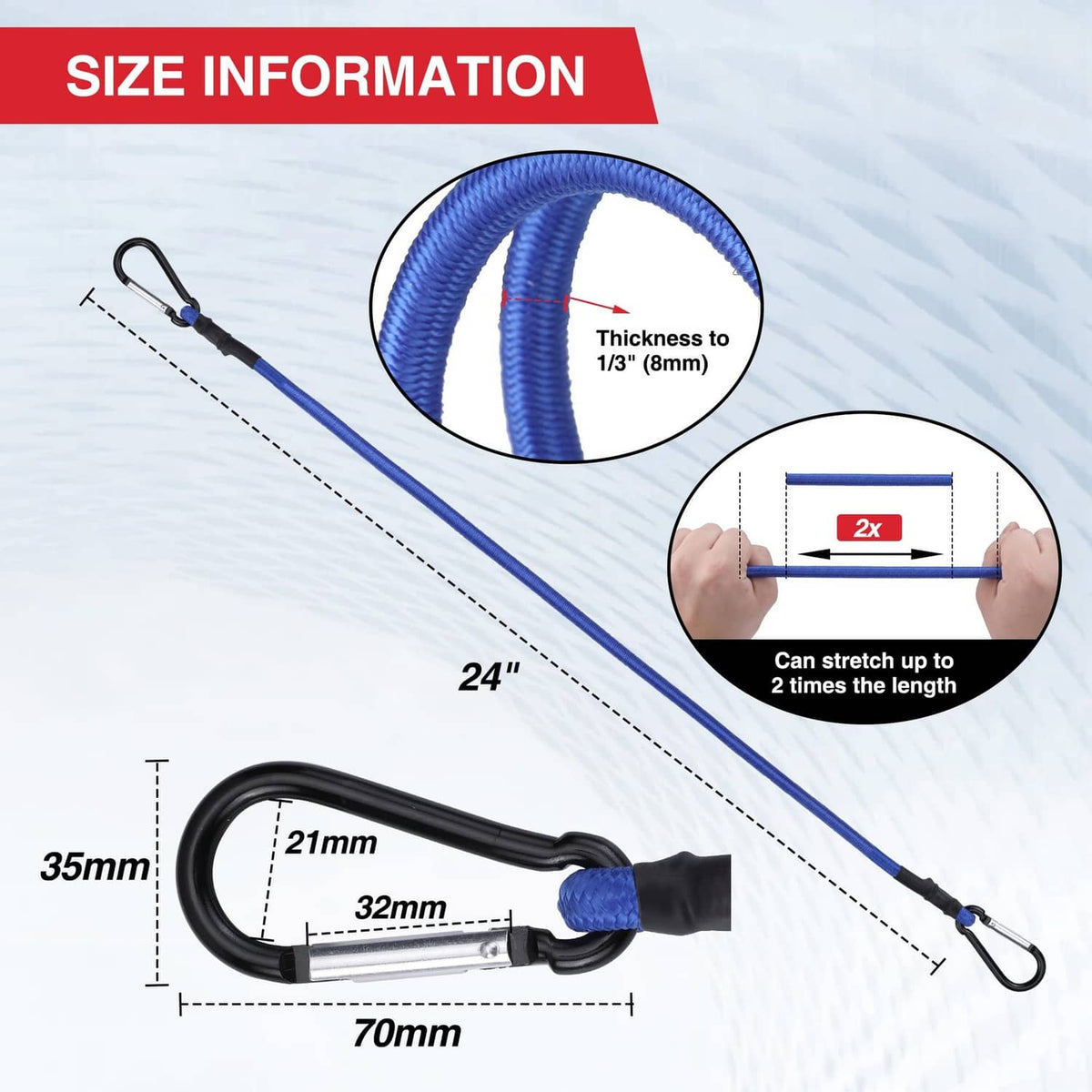 Blue 24-inch bungee cord with black end hooks; size diagram with length 24"
