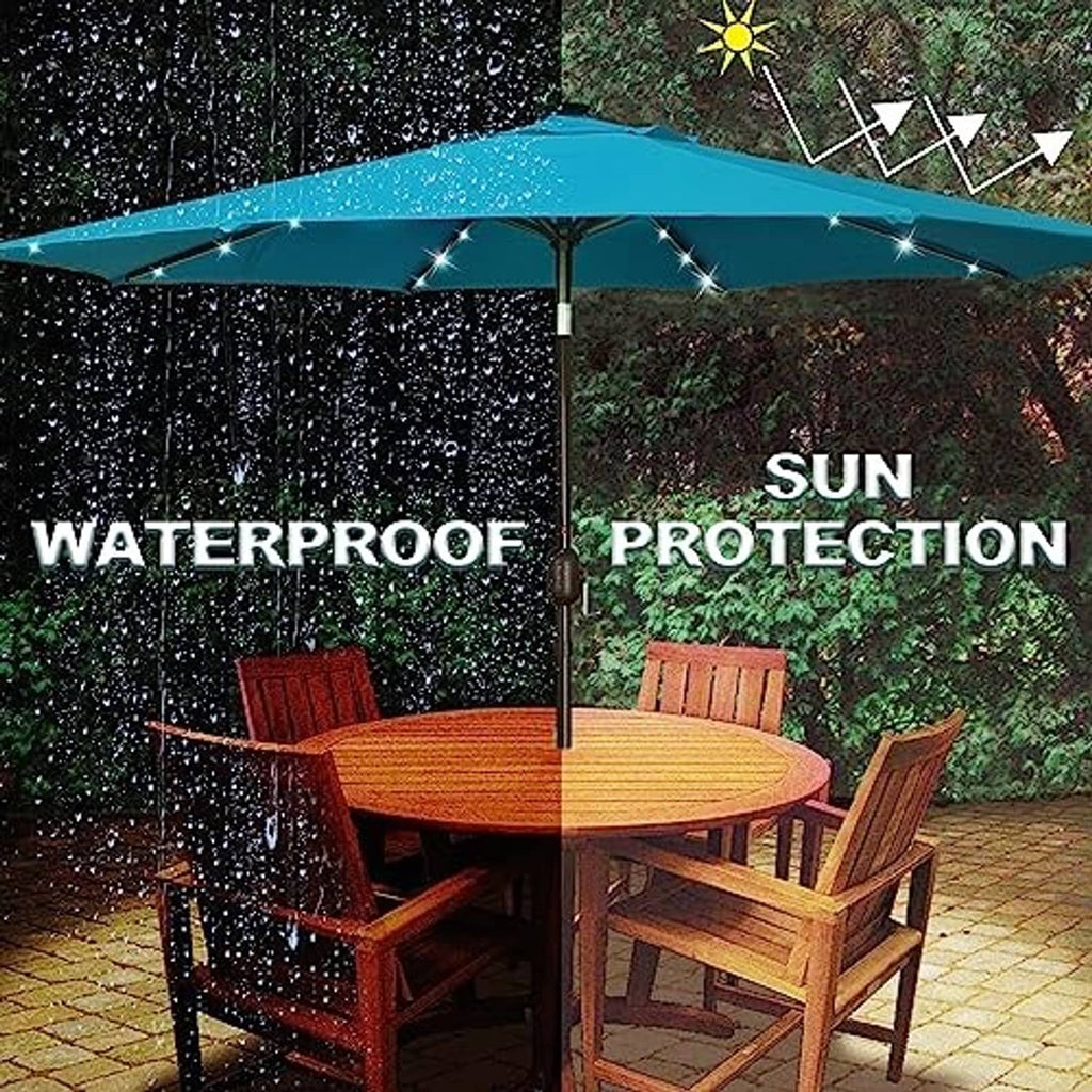 Cerulean solar umbrella with LED lights, shown over an outdoor dining set