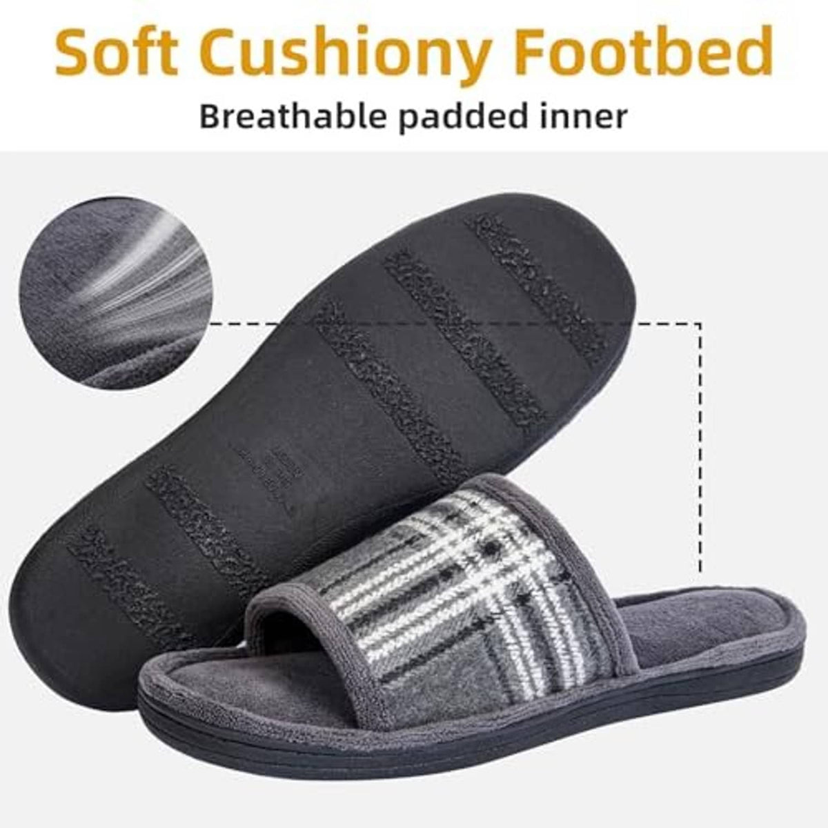 Men's grey open-toe slippers showing cushioned footbed with plaid upper strap