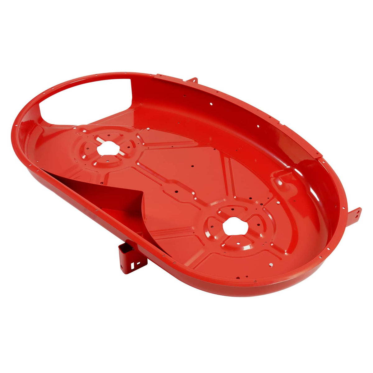 Red mower deck housing underside with curved edge and central bolt holes