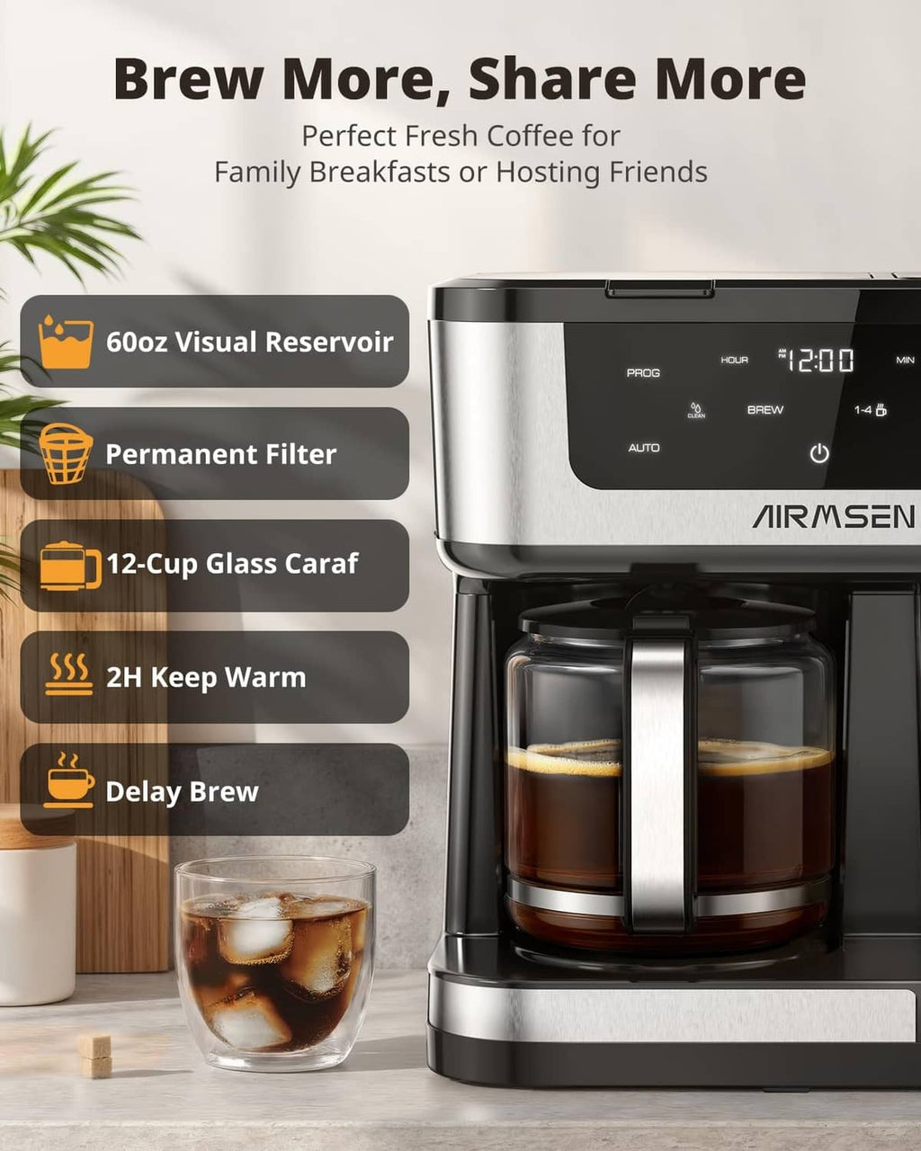 AIRMSEN dual coffee maker with two brew glasses and a black glass carafe