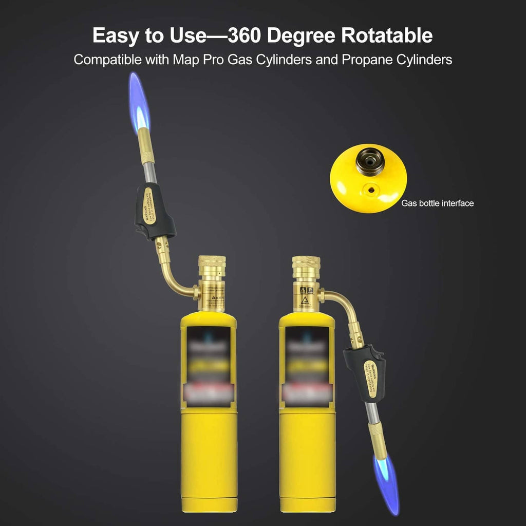Rotatable gas welding torch with brass head and yellow gas-cylinder base