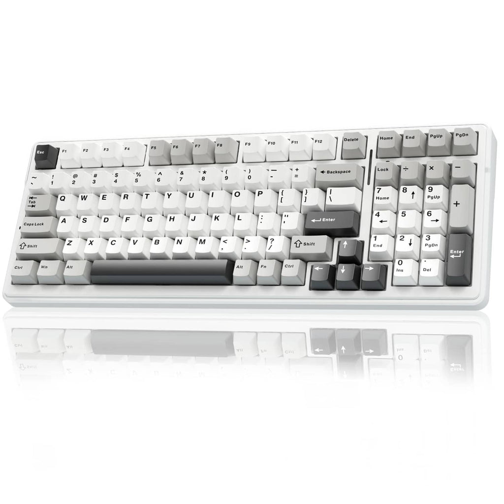 Mechanical keyboard close-up, white keycaps with dark WASD and function keys