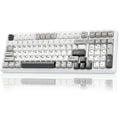 Mechanical keyboard close-up, white keycaps with dark WASD and function keys