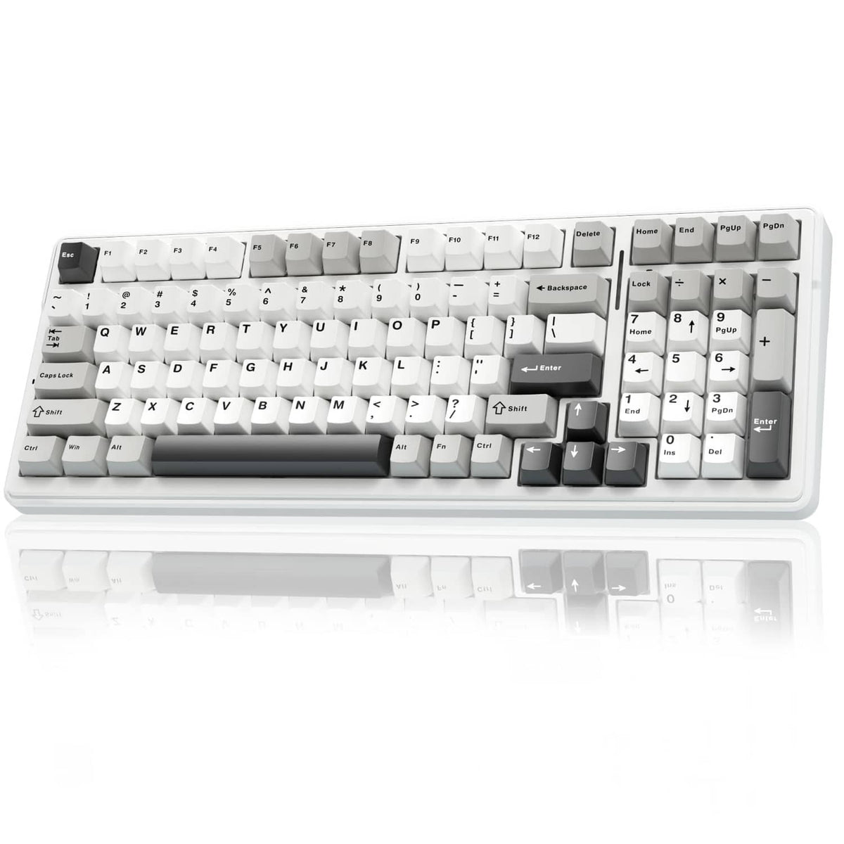 Mechanical keyboard close-up, white keycaps with dark WASD and function keys