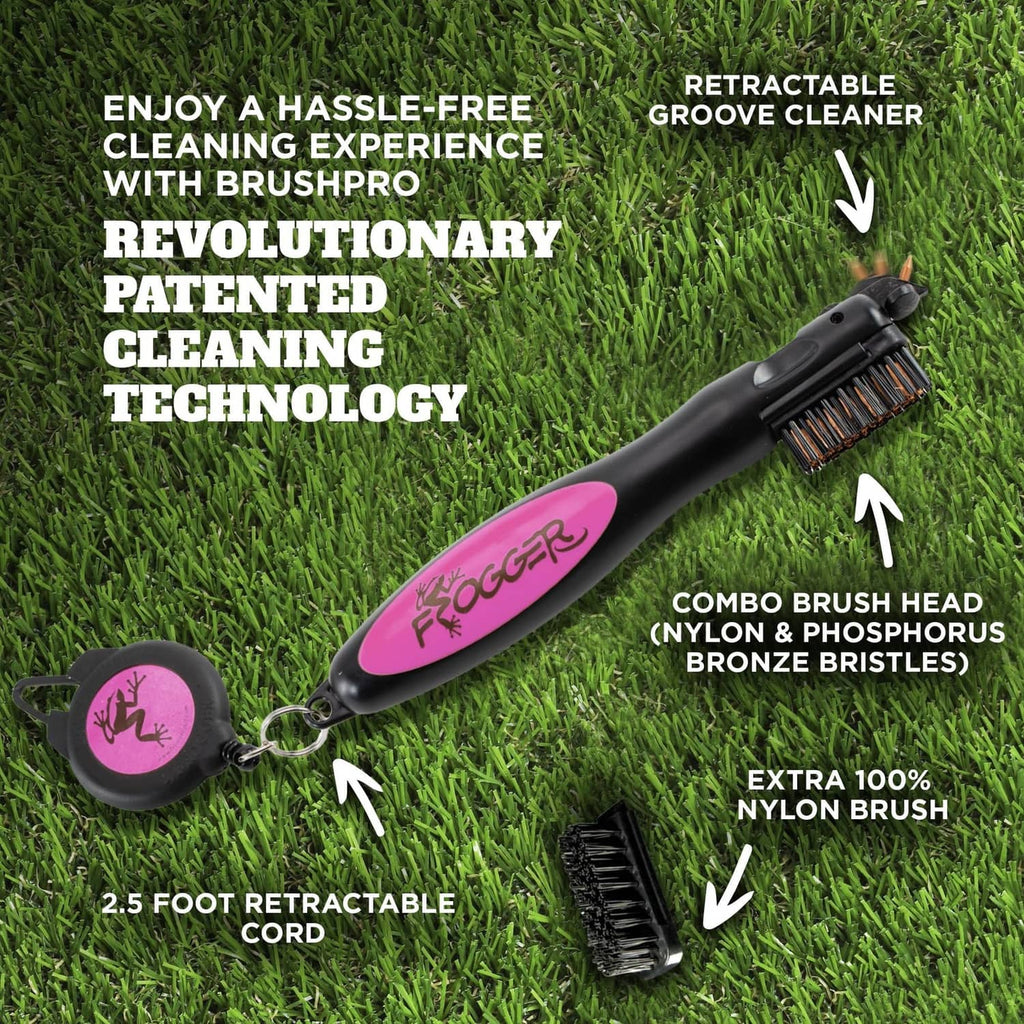 Retractable groove-cleaning golf club brush with combo head and bronze-style bristles