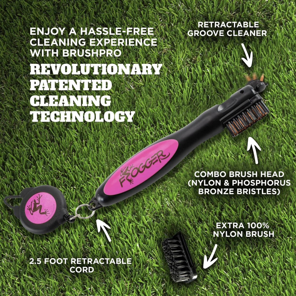 Retractable groove-cleaning golf club brush with combo head and bronze-style bristles