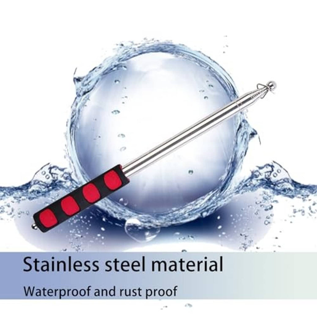 Stainless steel telescopic flag pole with red grip sections, shown with water splash for waterproofing