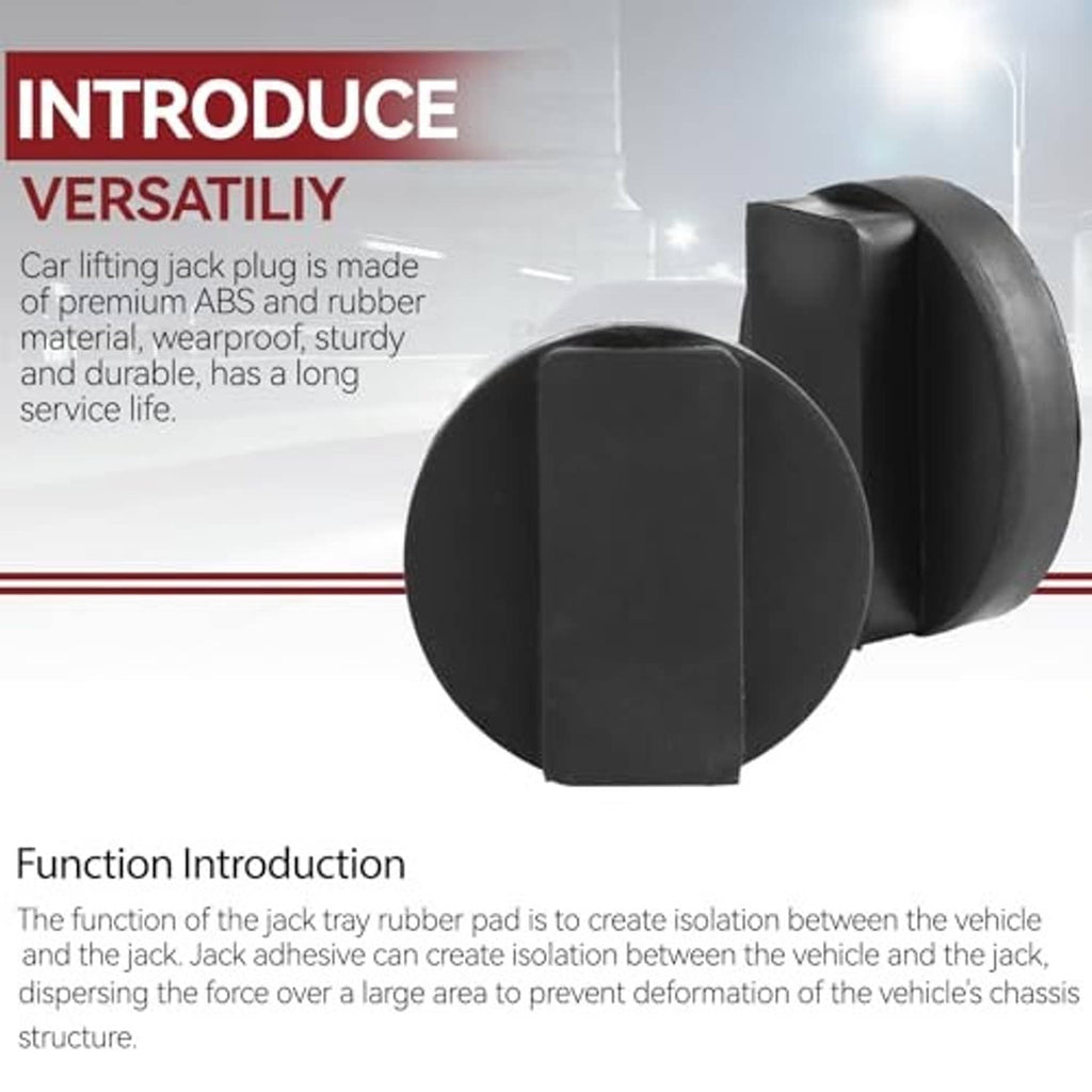 Two black rubber jack pad adaptors, rounded base and raised lifting contact