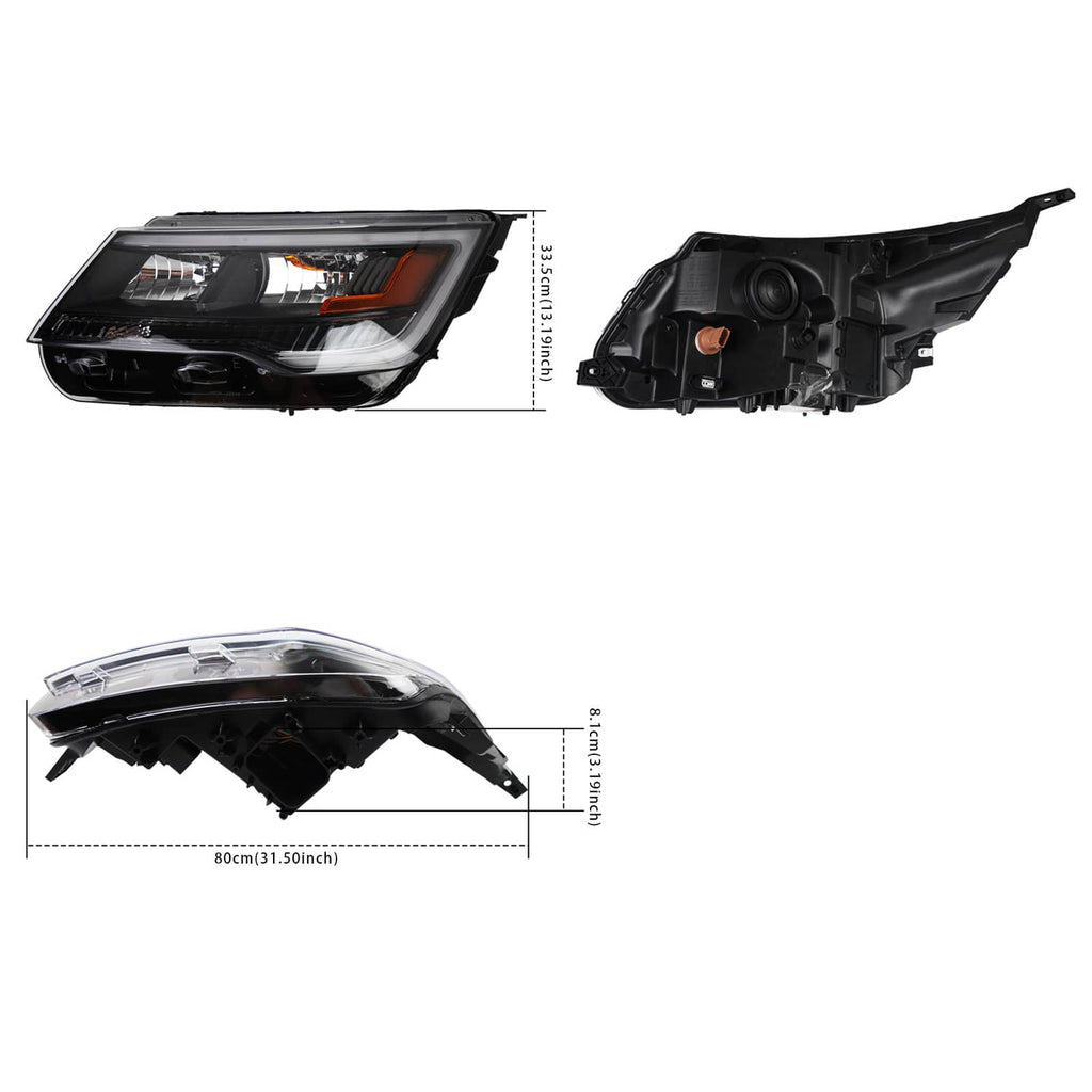 Black headlight assembly diagram with front view, side view, and measurement lines