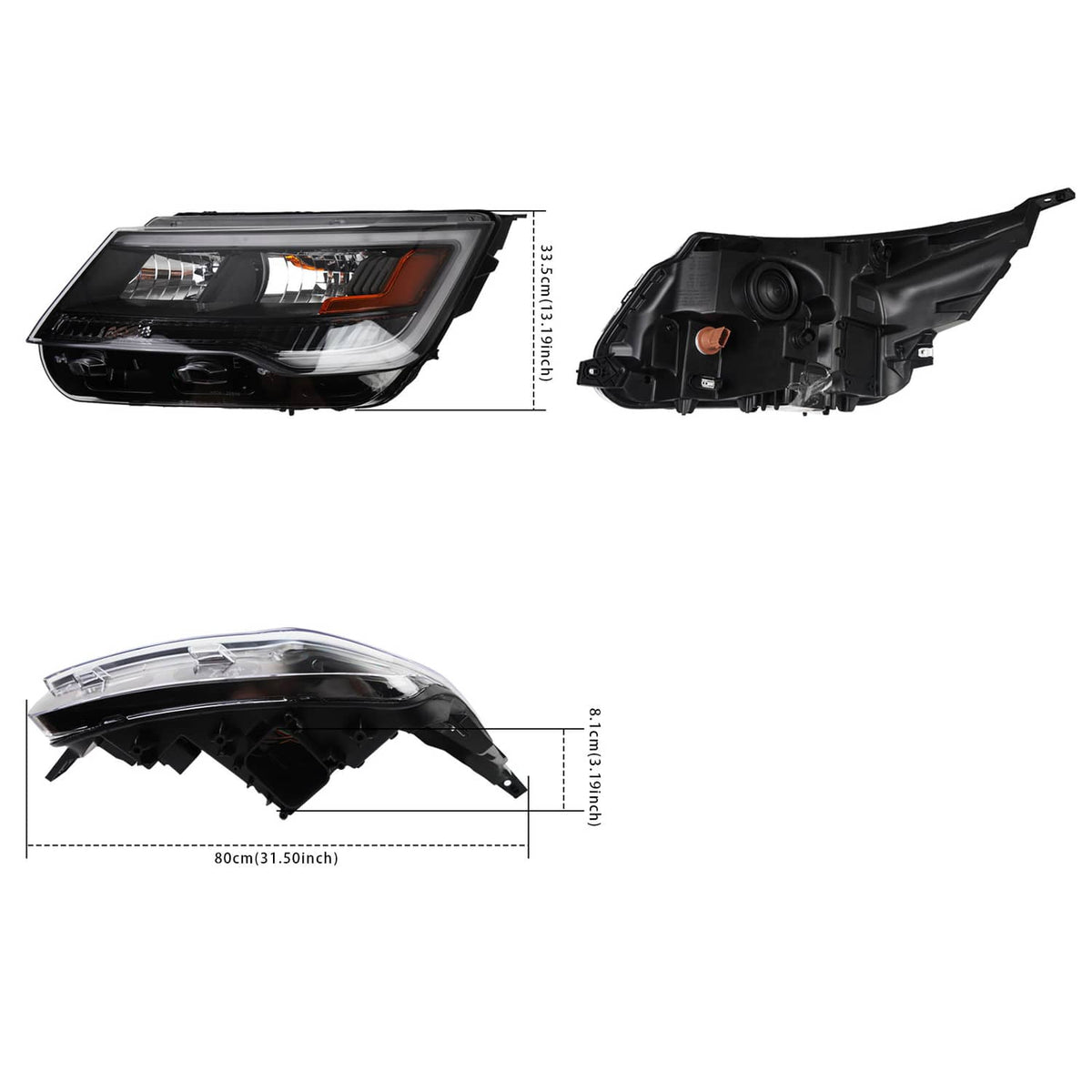 Black headlight assembly diagram with front view, side view, and measurement lines
