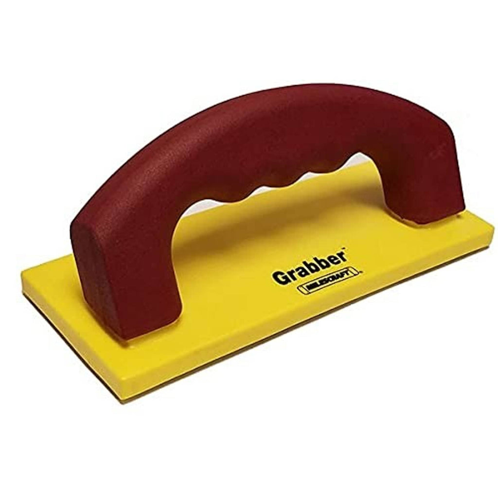 Grabber feather board with dark red handle and yellow base
