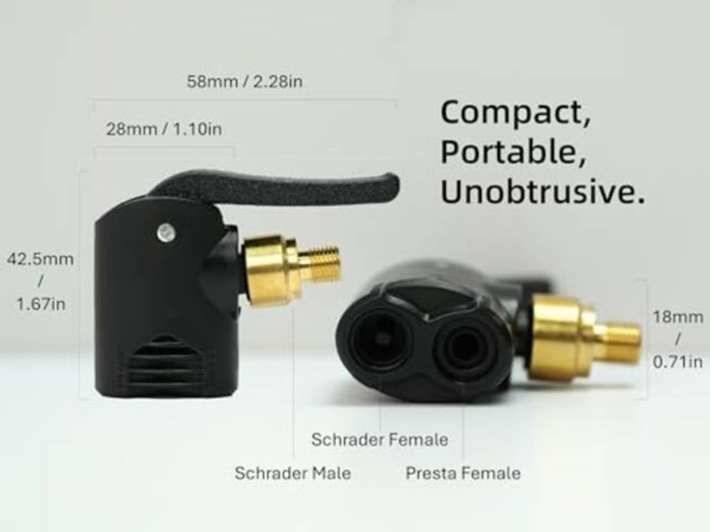 Compact black dual-head valve adapter with brass fittings and short locking handle