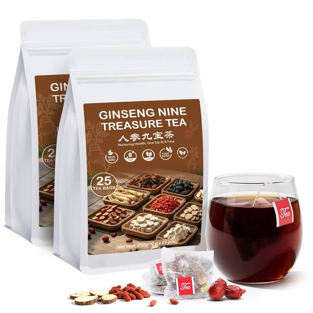 Ginseng Nine Treasure herbal tea bags, two pouches and a glass cup of tea