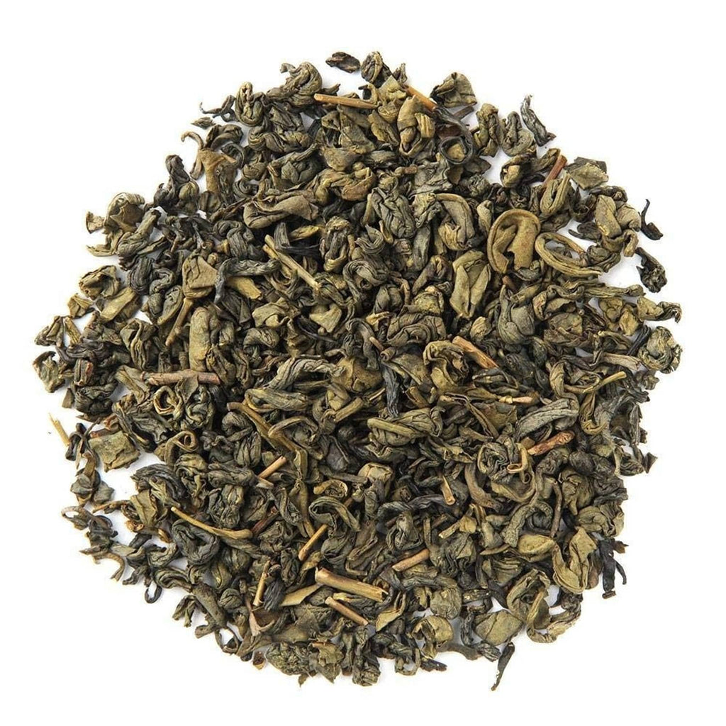 Organic pinhead gunpowder green tea leaves, small curled dark green pellets