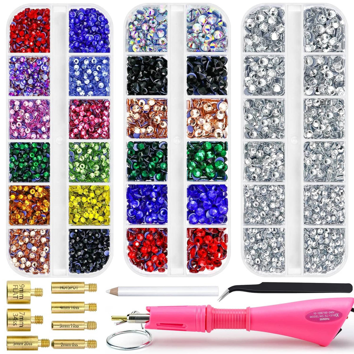 Hotfix rhinestone applicator kit with colorful stones in organizer tubes and tools