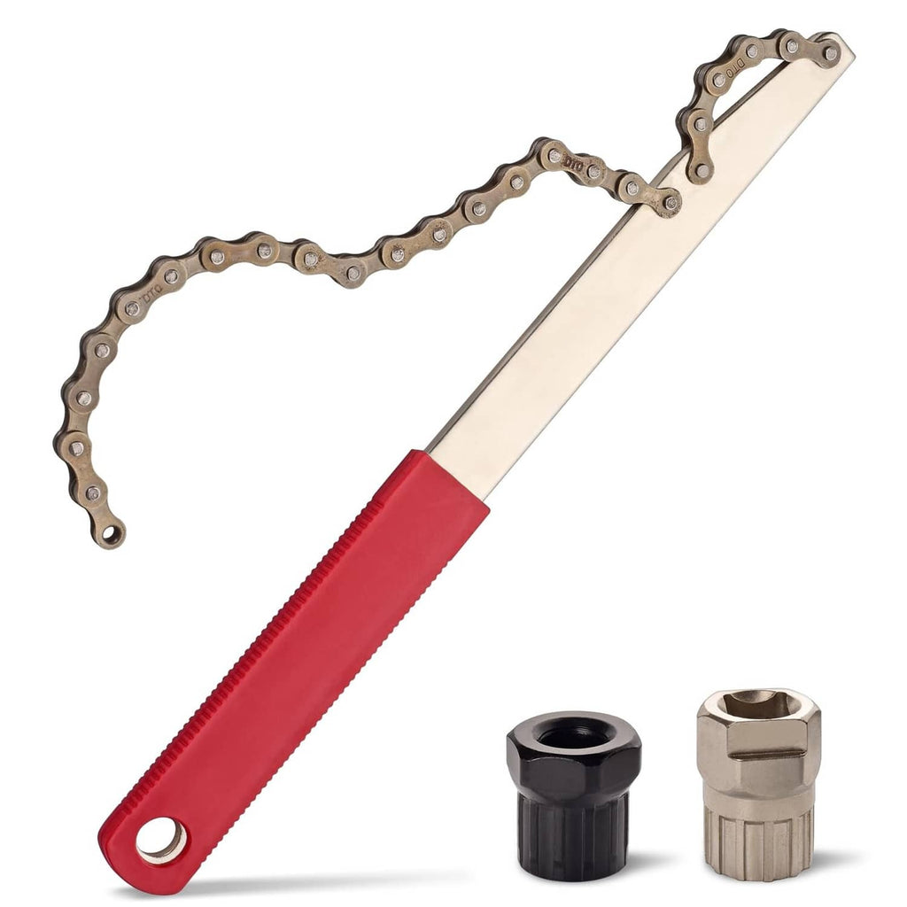 Bike freewheel removal tool with chain whip, red grip handle and silver adapters