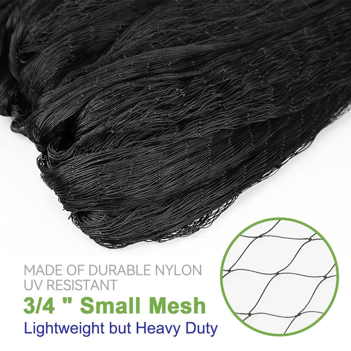 Close-up of black 3/4 in nylon mesh bird netting, fine square pattern