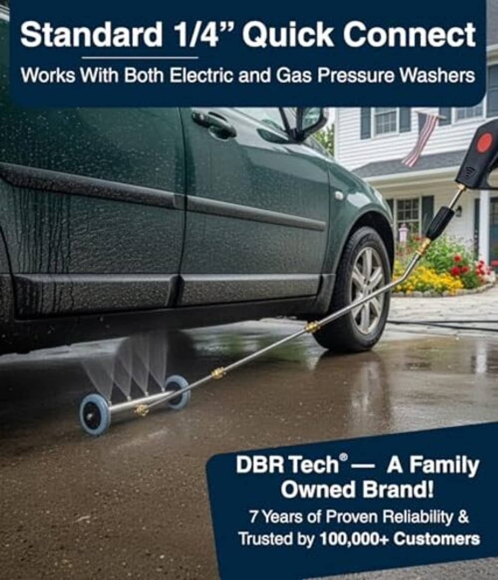 Pressure washer water broom attachment with long wand and blue wheels for undercarriage