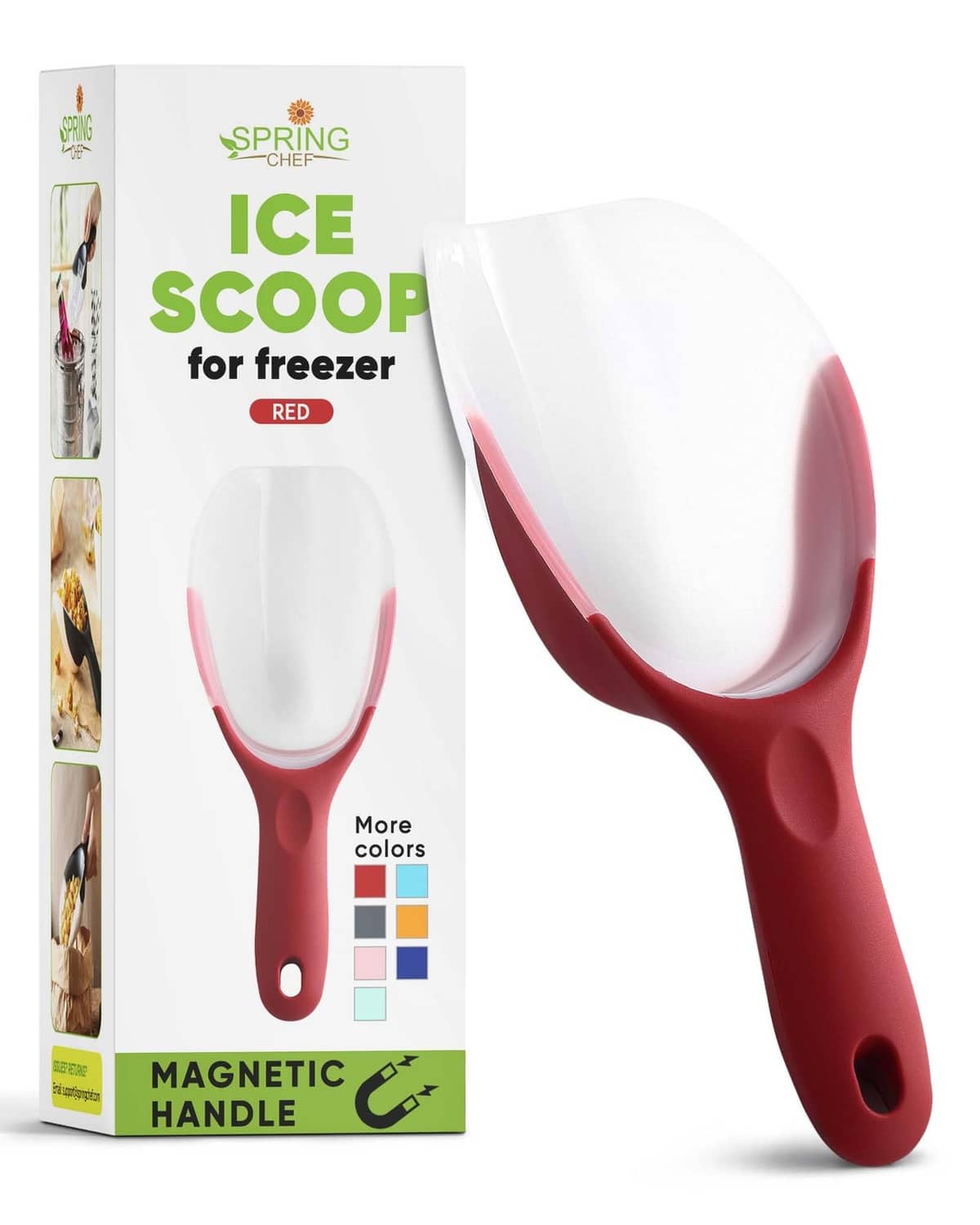 Red magnetic ice scoop with white bowl and handle for freezer ice