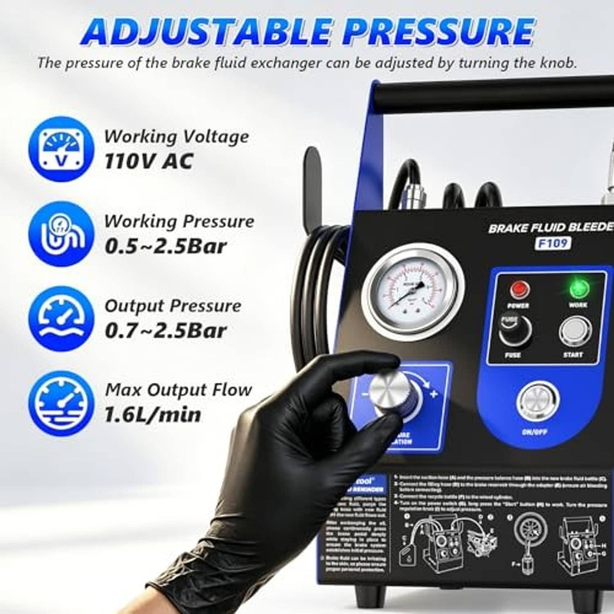 Brake fluid bleeder with adjustable pressure knob, glove-operated controls, and gauge