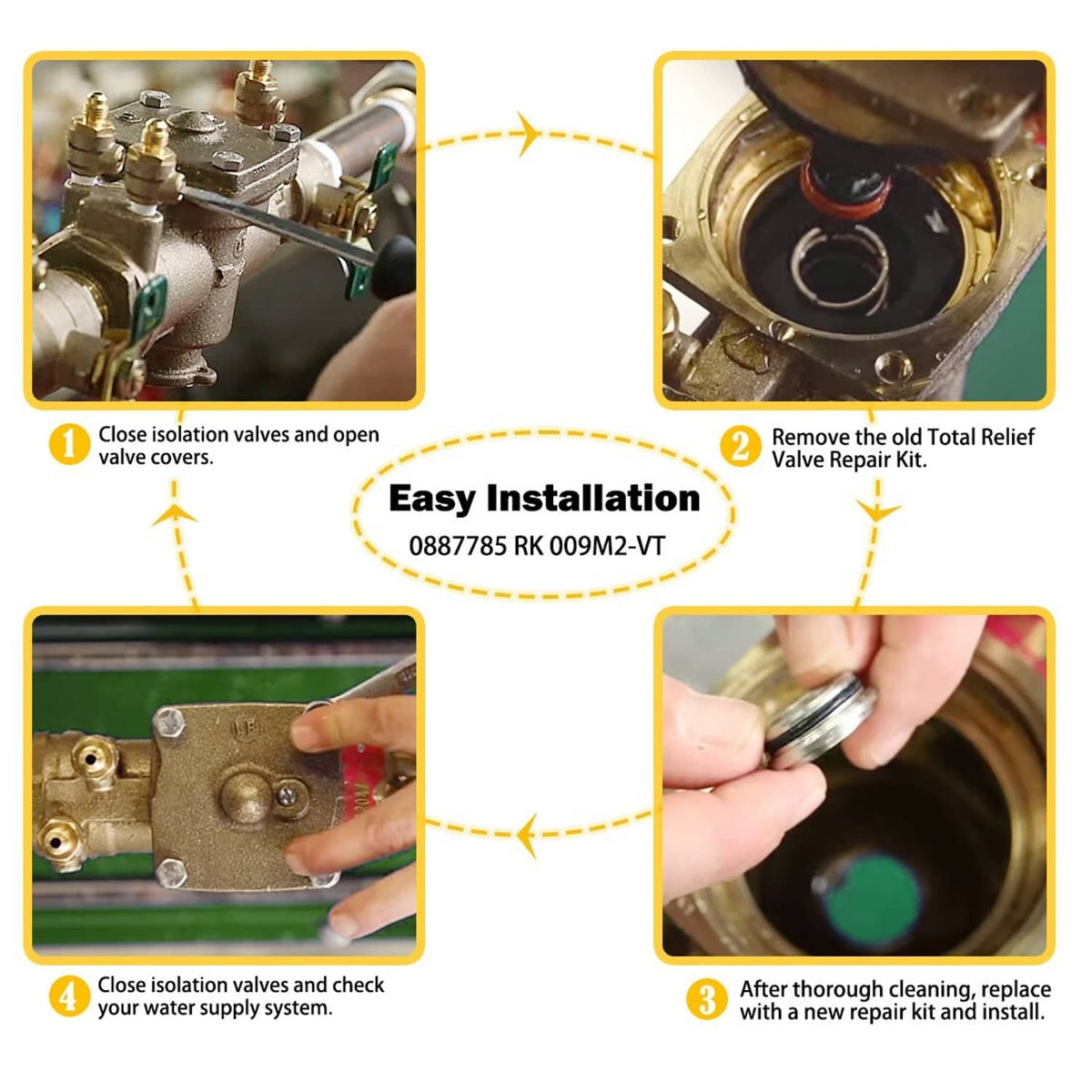 Relief valve repair kit steps: brass valve with green seal, spring, and small fastener