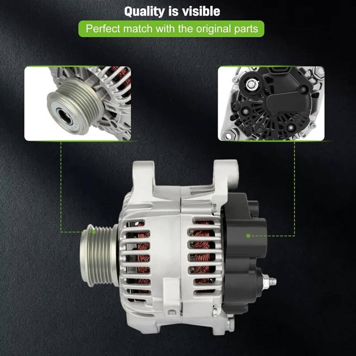 Automotive alternator with pulley and vented face, side view with connector details