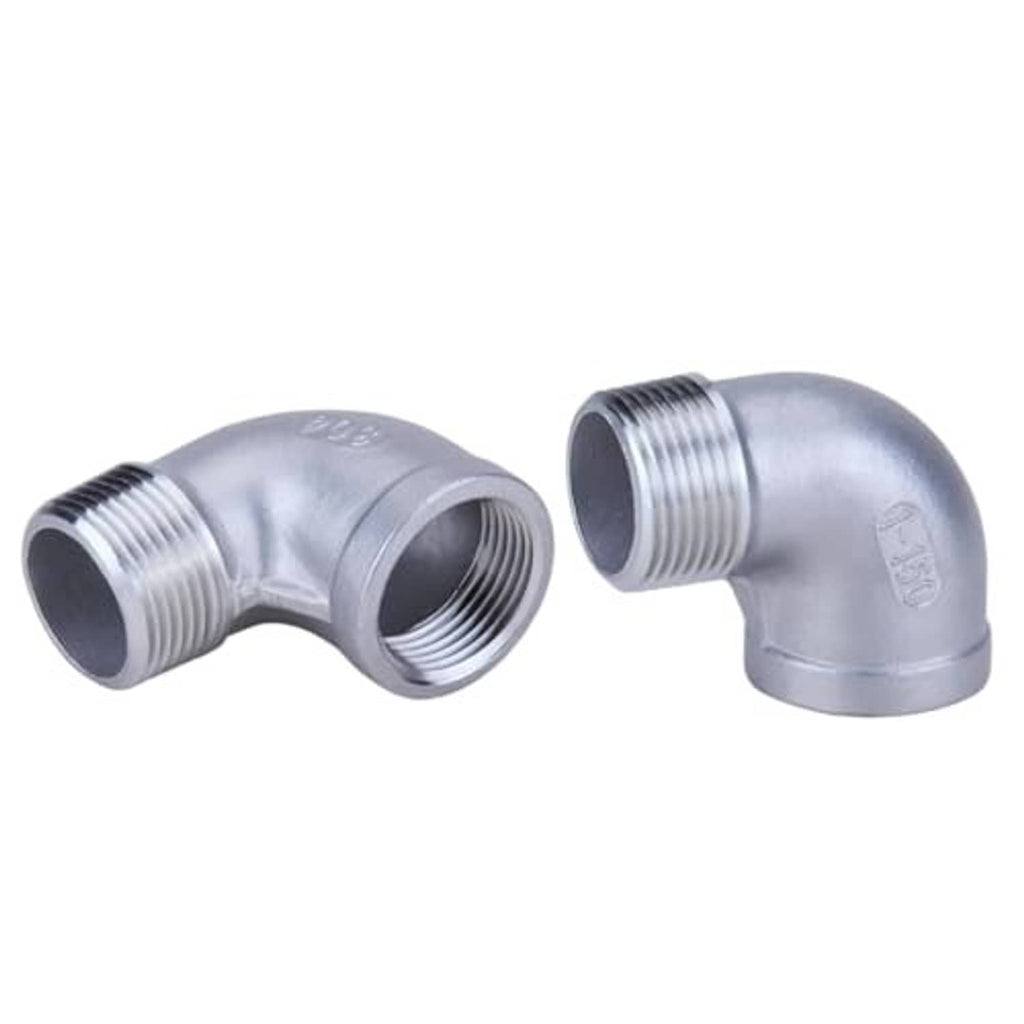 90° stainless steel elbow fitting set with 1 in male and female NPT threaded ends.