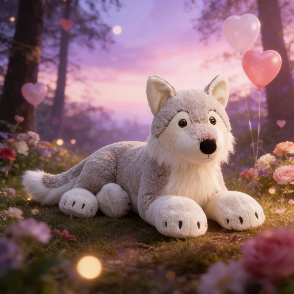 Large gray wolf plush stuffed animal with white muzzle and curled tail, lying outdoors