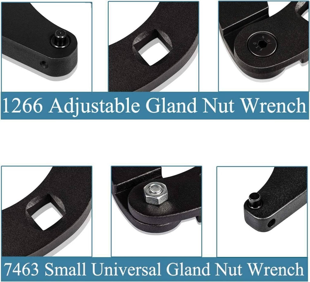 Adjustable black hydraulic gland nut wrench close-up with notched openings