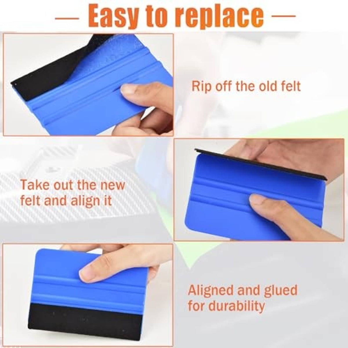 Hands changing felt on a blue felt-edge vinyl squeegee tool