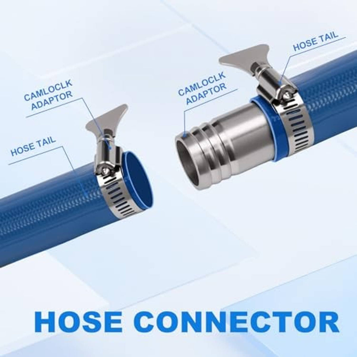 Stainless steel hose barb fitting attached to a blue hose with a metal clamp