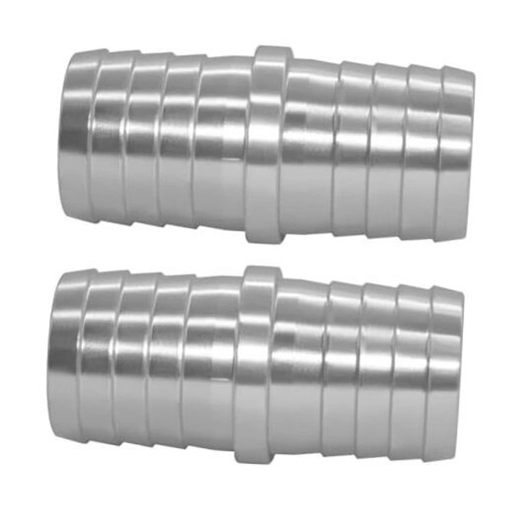 Metal hose barb coupler reducer with ridged sleeves, two-piece view, 5/8 in.