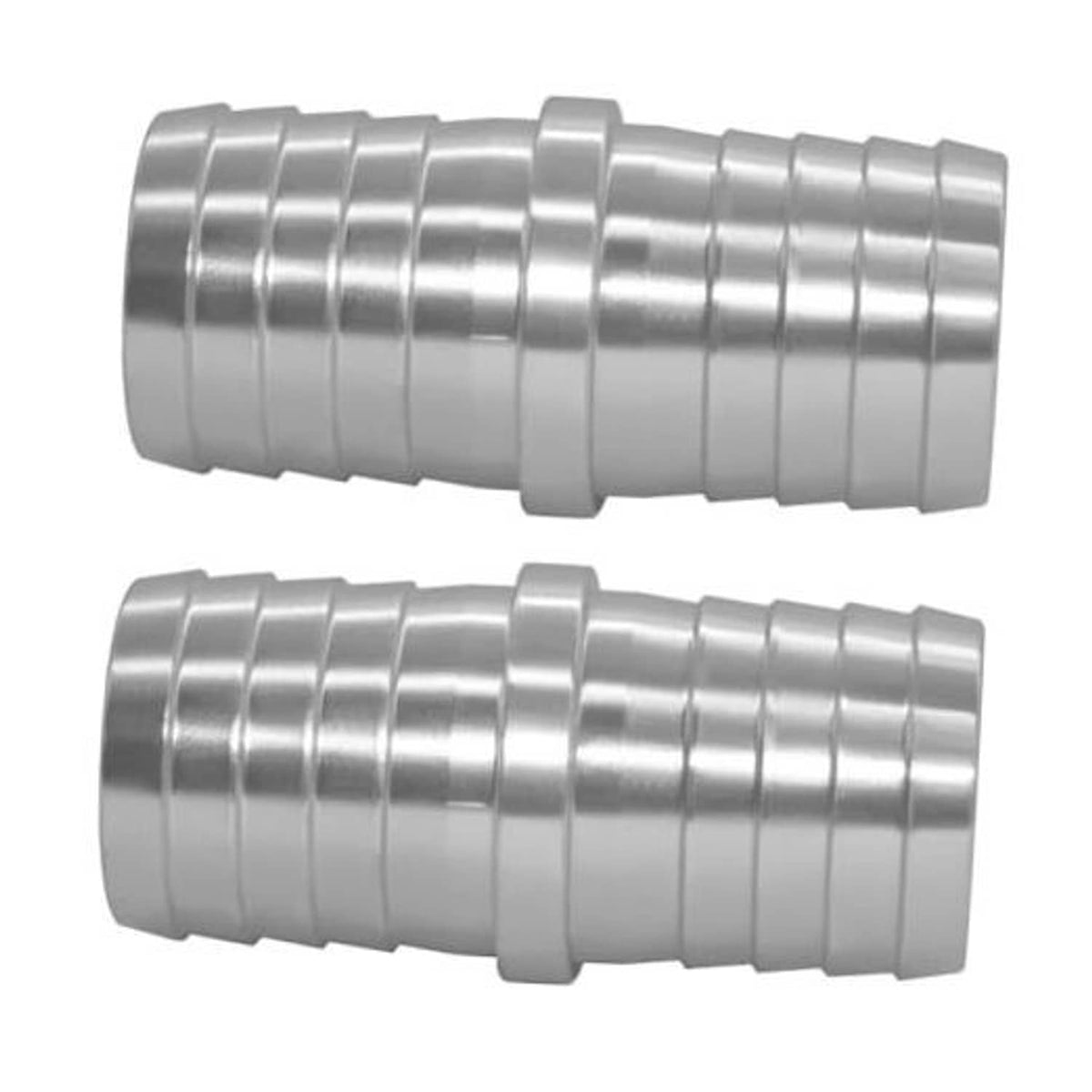 Metal hose barb coupler reducer with ridged sleeves, two-piece view, 5/8 in.