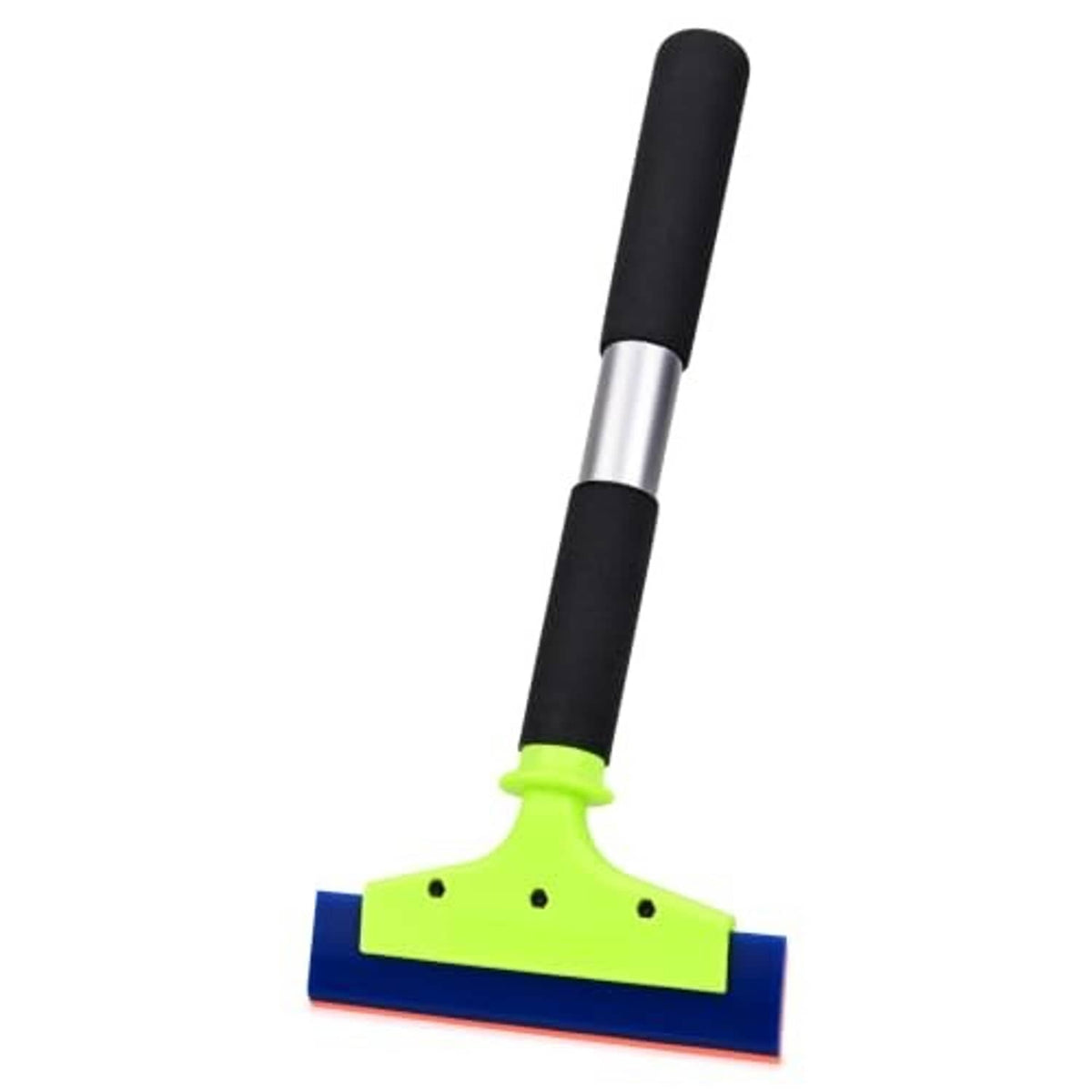 Window tint squeegee with neon green head, blue base strip, and long black handle