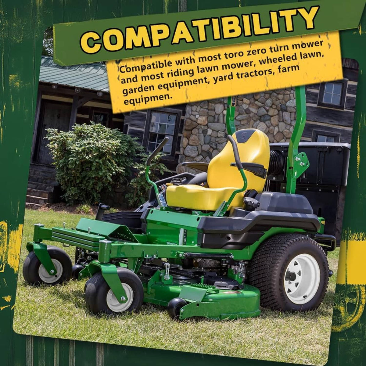 Green zero-turn lawn mower with solid tires and white-rim wheels