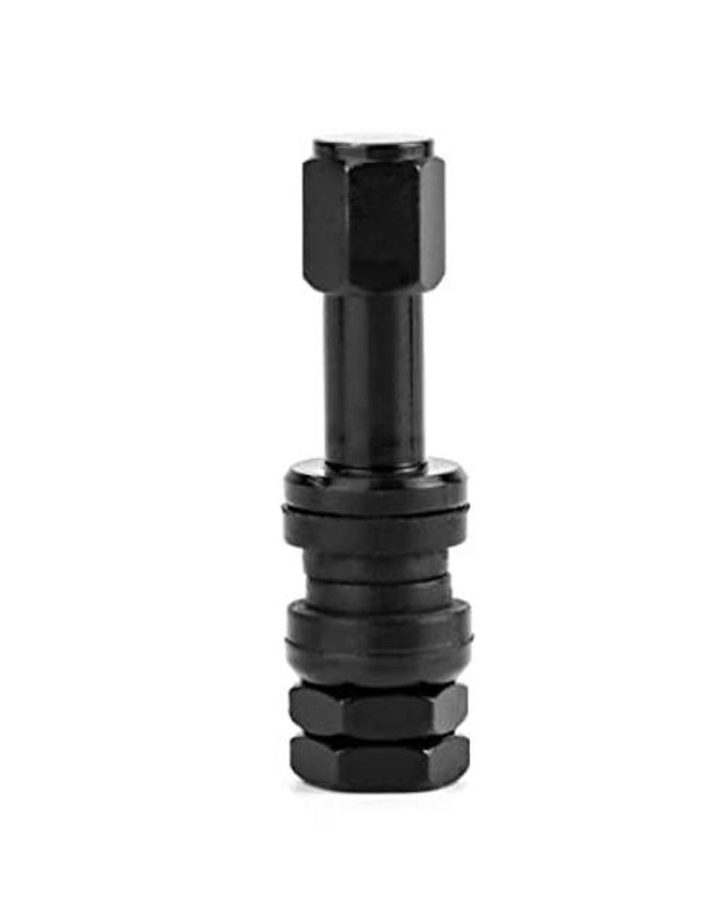 Single black metal clamp-in tubeless tire valve stem with stacked base