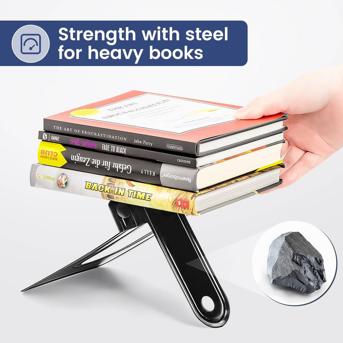 Black metal bookend holding stacked books, arched frame with flat stabilizing base