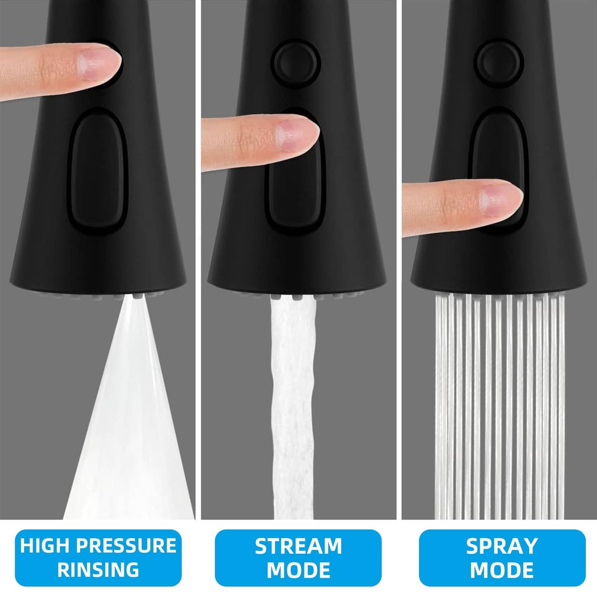 Matte black faucet head with three nozzle modes: stream and spray