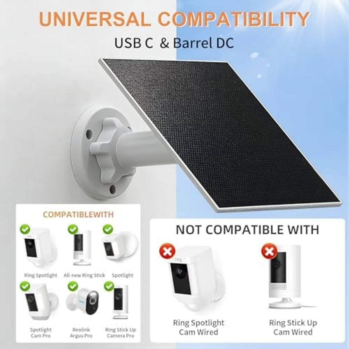 Black rectangular solar panel with white wall mount and cable connectors