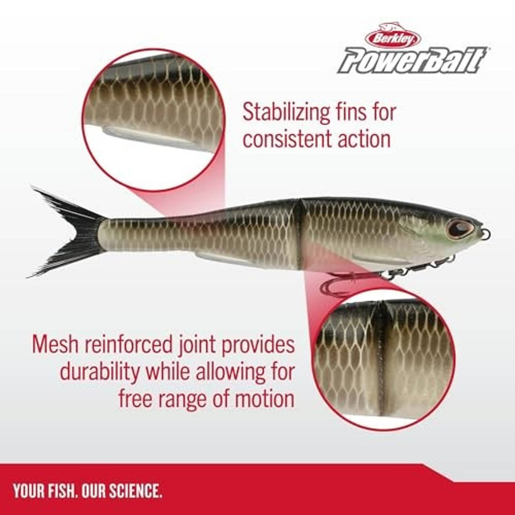 Green shad soft glide bait with stabilizing fins and treble hooks