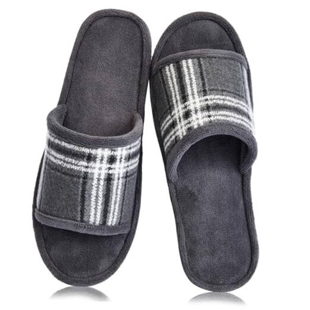 Men's grey open-toe slippers with plaid strap and cushioned slide sole